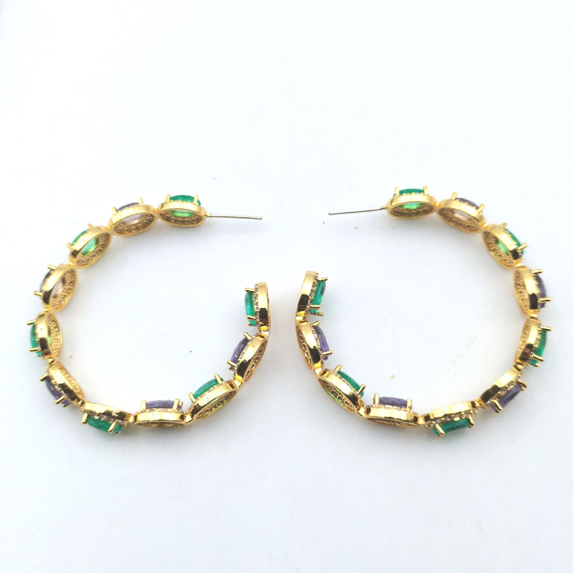 New heavy craft C-shaped colorful micro-set earrings S925 silver needle large earrings ear jewelry