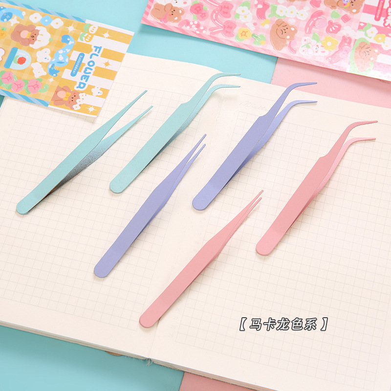 Hand account tweezers stainless steel DIY hand account clip colorful macaron straight curved eyelash tweezers