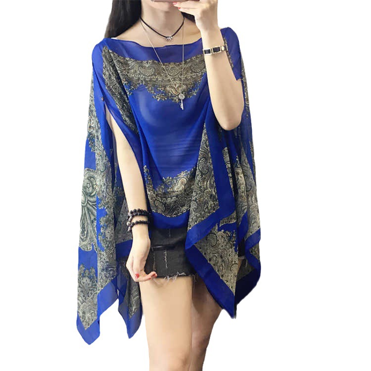 Sanya Beach Cape Shawl Sun Protection Clothing Women Summer Thin Off-Shoulder Chiffon Shirt Print Outerwear Shawl