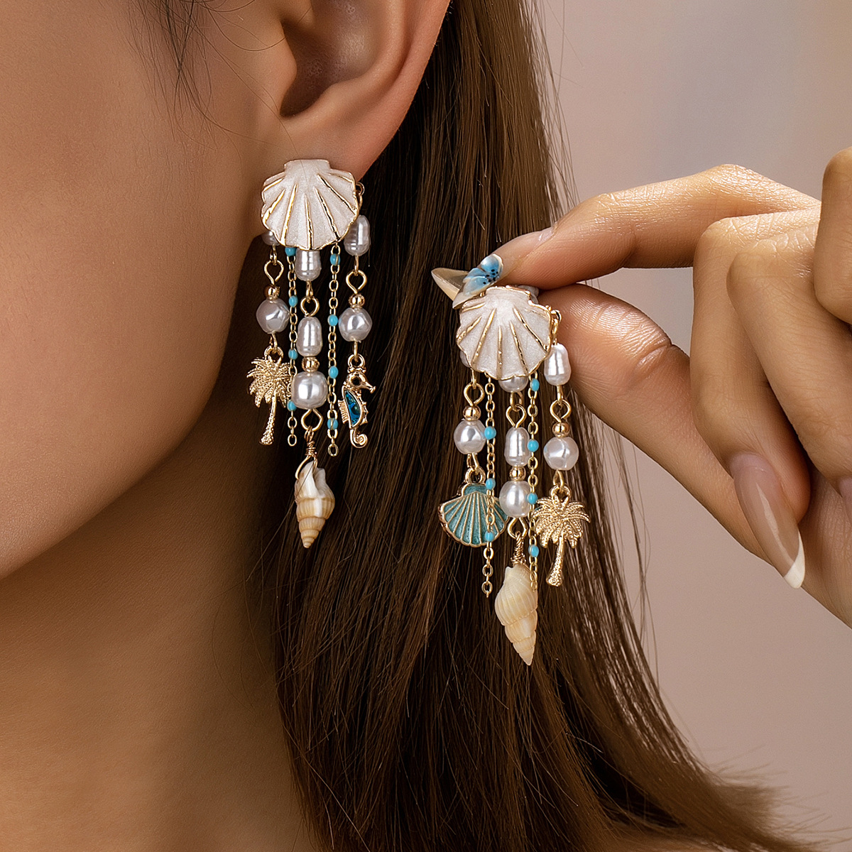 Qingdao Daiwei Accessories 1 Pair Shell Decorated Conch Coconut Tree Pendant Chain Earrings, Suitable for Women's Vacation