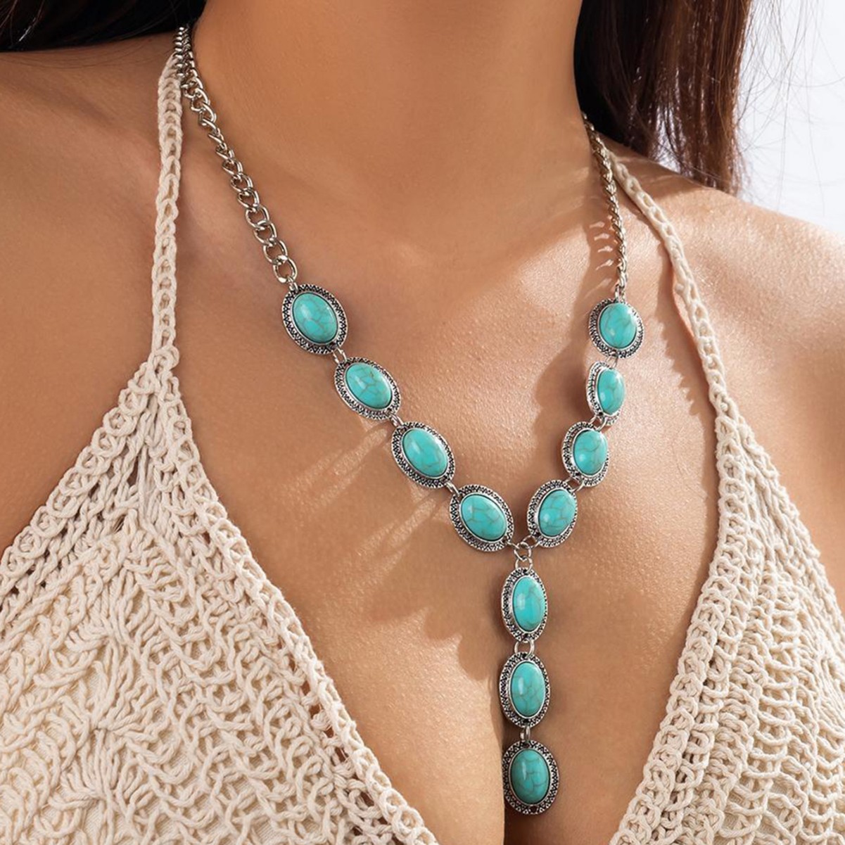 Accessories Ethnic Style Turquoise Necklace for Women Niche Punk Metal Chain Choker Necklace