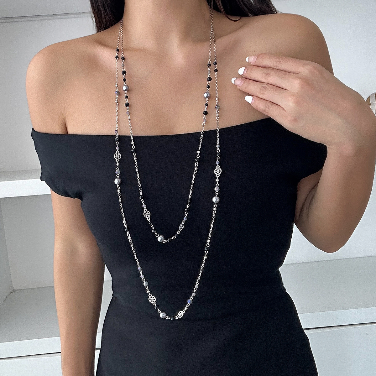 Faux pearl layered long necklace for women ethnic style star tassel sweater chain