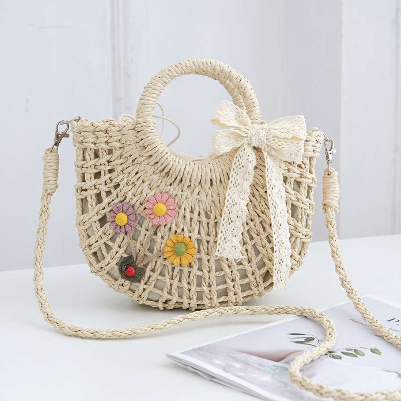 Custom Crossbody Straw Bag Ribbon Hollow Out Lining Simple Woven Bag Sunflower Handbag Daily Bag