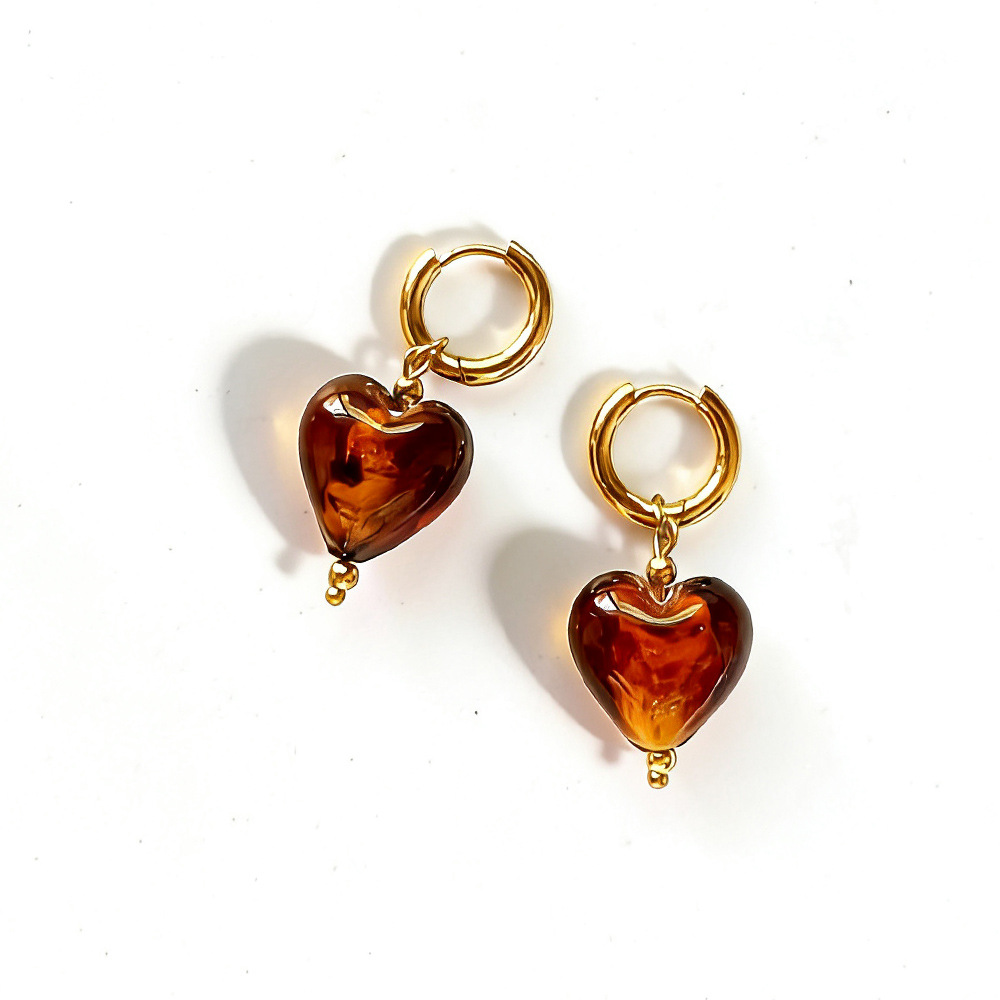Leopard-Print Glass Heart-Shaped Flower Pendant Earrings—Stainless Steel Charms