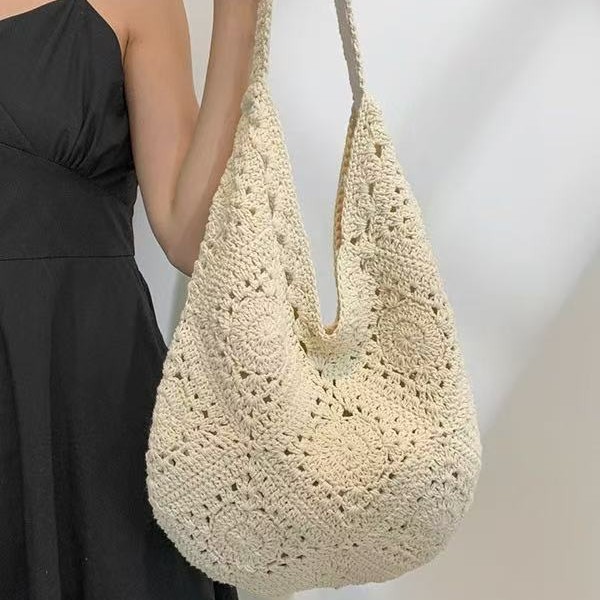 Single Shoulder Cotton Thread Woven Bag Handmade Straw Bag Women's Large Capacity Tote Bag Beach Vacation Beach Bag