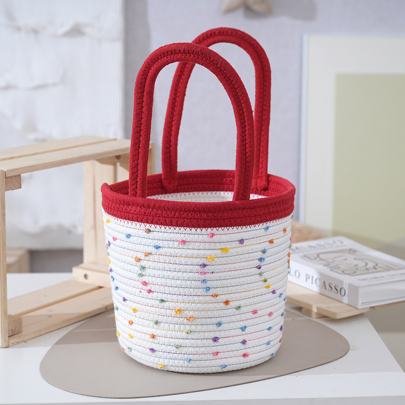 Dopamine Colorful Polka Dot Cotton Rope Woven Hand Basket Large Capacity Handheld Gift Woven Bag Picnic Storage Basket