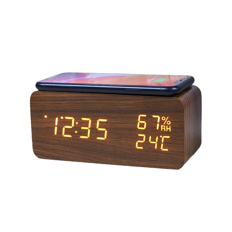 LED temperature and humidity wireless charging wooden clock, mobile phone wireless charging desktop silent electronic clock alarm clock