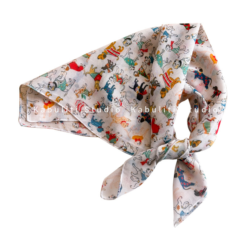 Spring/summer/autumn cotton linen square scarf cartoon dog head scarf multifunctional outdoor neck protection sun protection scarf