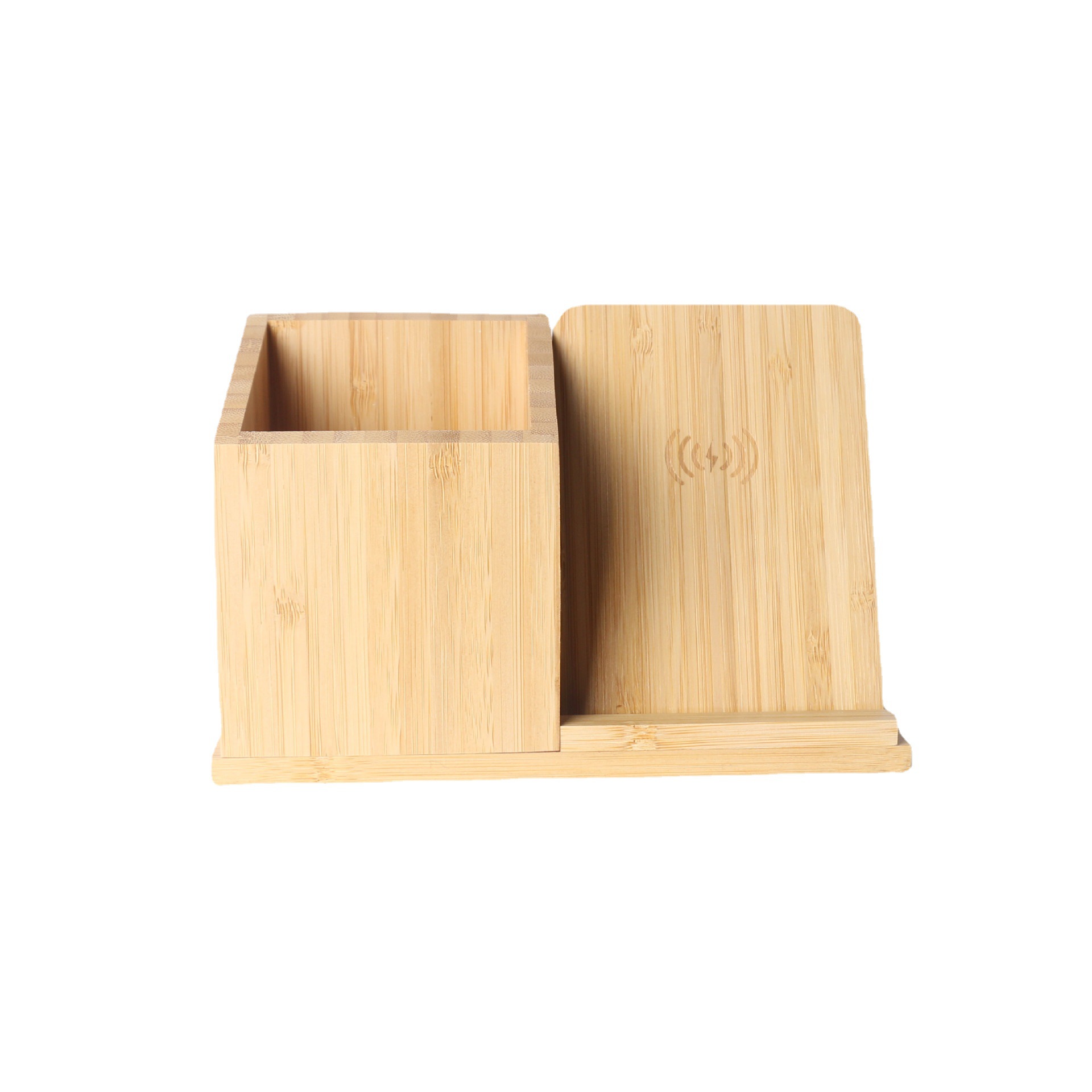 Wooden pen holder storage wireless charger with phone stand new desktop bamboo wood wireless charger