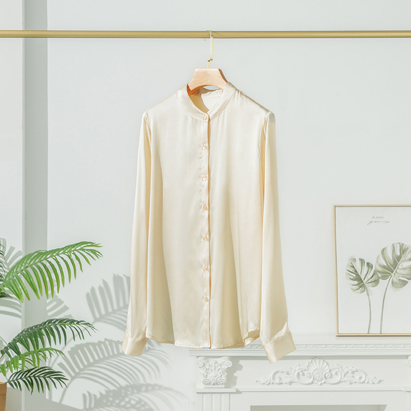 2026 Spring Autumn New Silk Blouse for Women Satin Long Sleeve Shirt Niche Mulberry Silk Top Stand Collar Cardigan