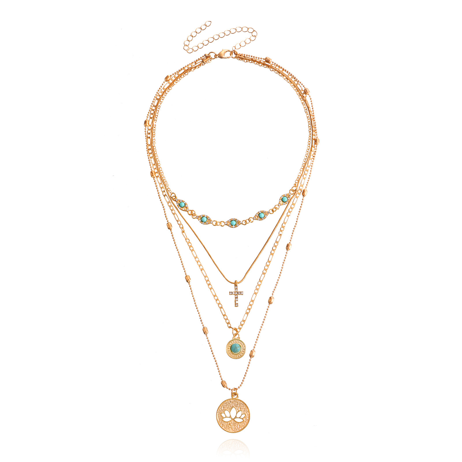 Accessories Multi-layer Small Hole Chain Hollow Flower Rhinestone Cross Pendant Necklace for Women