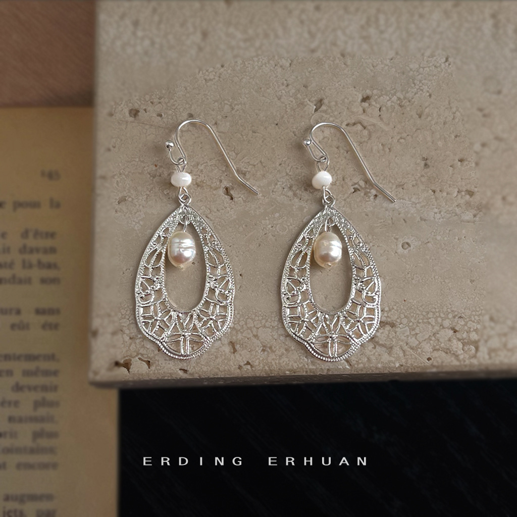 Freshwater pearl ethnic style handmade water drop hollow new earrings jewelry