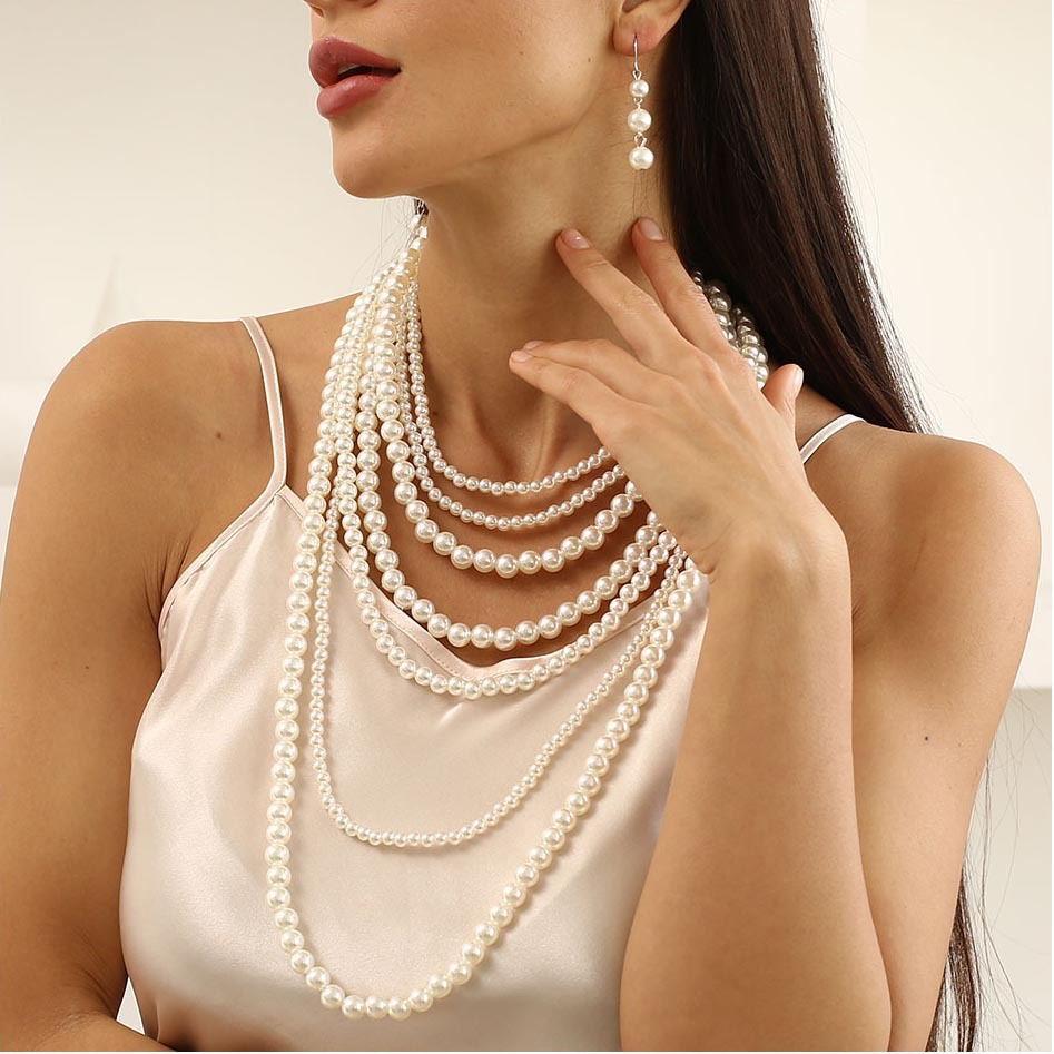 Exaggerated Multi-layer Women Pearl Necklace Earring Set Long Women Beaded Sweater Chain