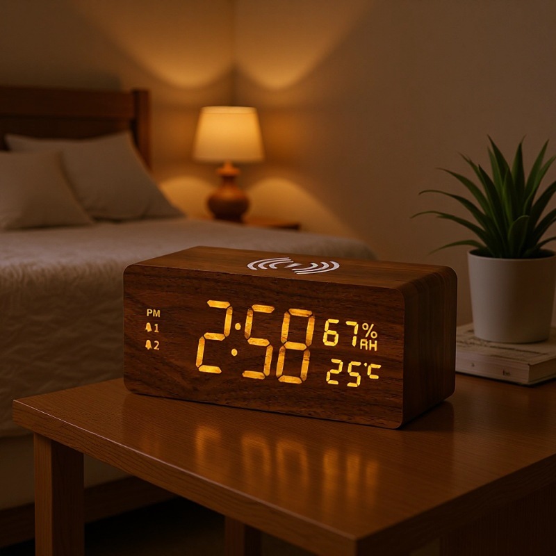 15W Wooden Wireless Charging Electronic Clock Simple Indoor Temperature and Humidity Meter LED Multifunctional Clock