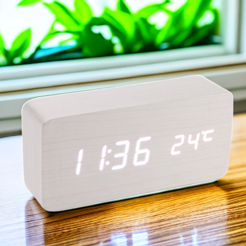 Voice-activated LED wooden clock, simple multi-functional rectangular temperature digital display electronic alarm clock, rectangular