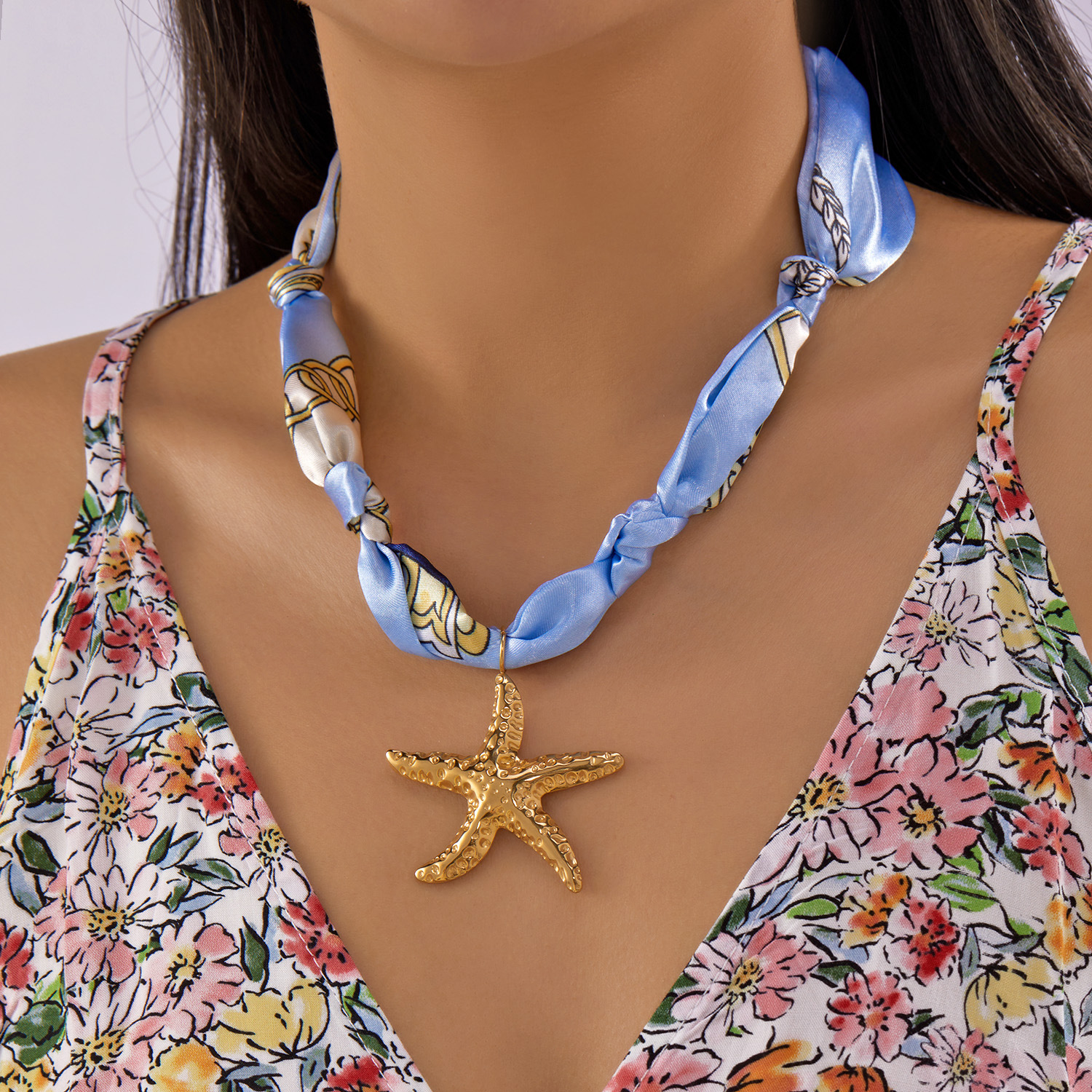 Flower Stainless Steel Pendant Ribbon Necklace Women Ocean Style Niche Stainless Steel Chain