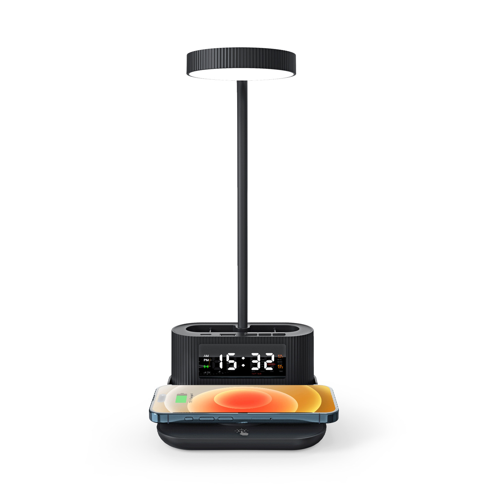 2024 New with Clock Alarm Pen Holder Desk Lamp Wireless Fast Charger 6-in-1 Multifunctional 15W Wireless Charger
