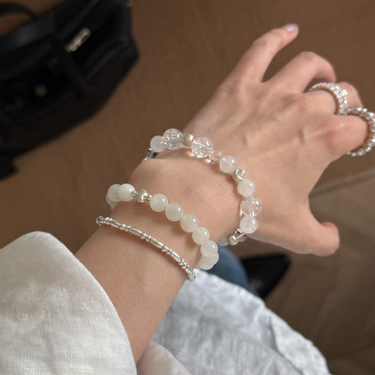 Stabilize emotions natural white Aze snowflake phantom crystal bracelet S925 sterling silver cat eye bead light feeling