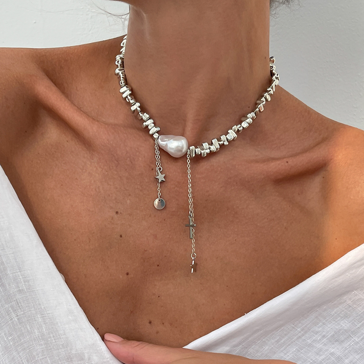 Jewelry irregular pearl necklace five-pointed star irregular CCB copper-clad iron chain neck chain