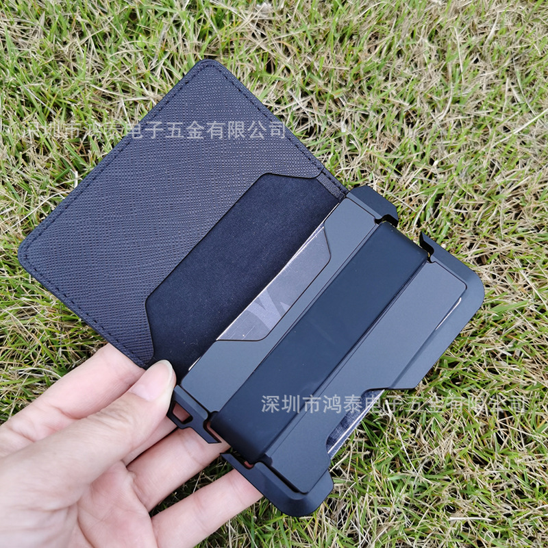 Special Supply Top Layer Leather Aluminum Alloy Card Case Microfiber Leather Metal Wallet Dual Fold Design RFID Shielding Function