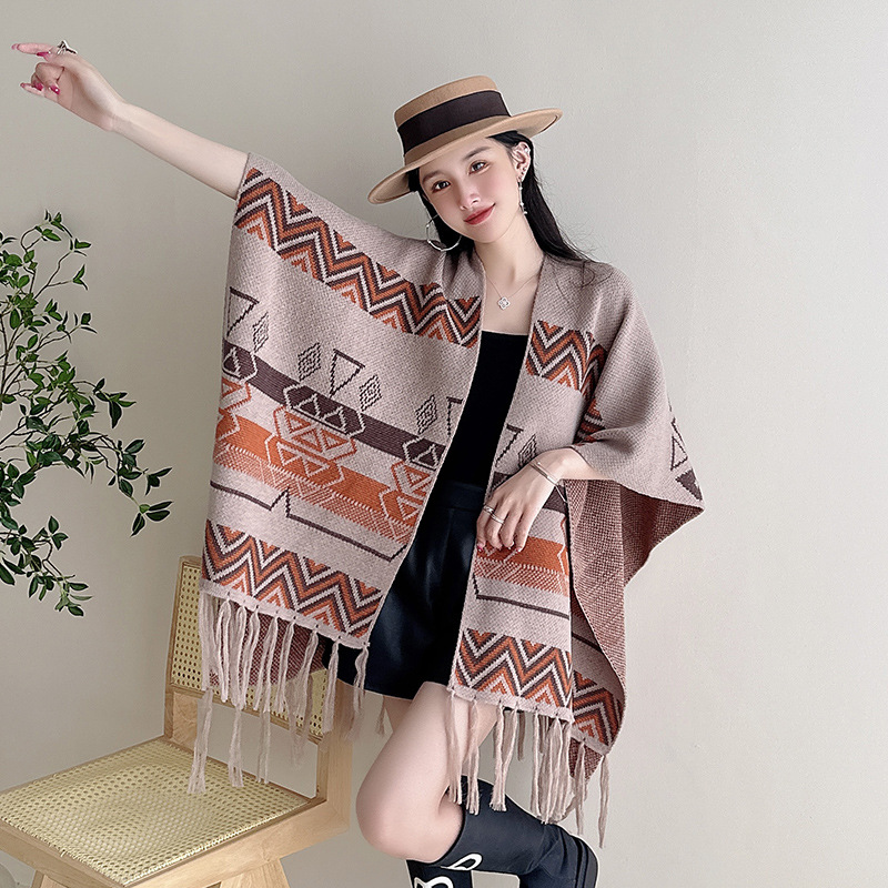 2023 Autumn Winter New Ethnic Style Tassel Shawl Cape Cape Outer Wear Jacquard Loose Knitted Cardigan Coat Women