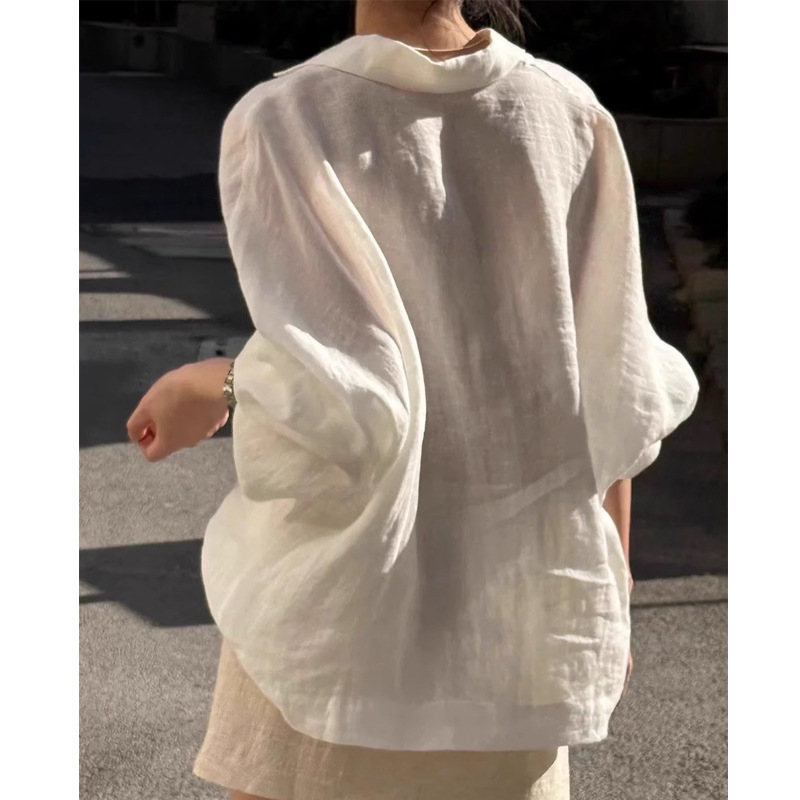 Self-Retained~ Casual White Linen Shirt Women's Summer Sun Protection Top