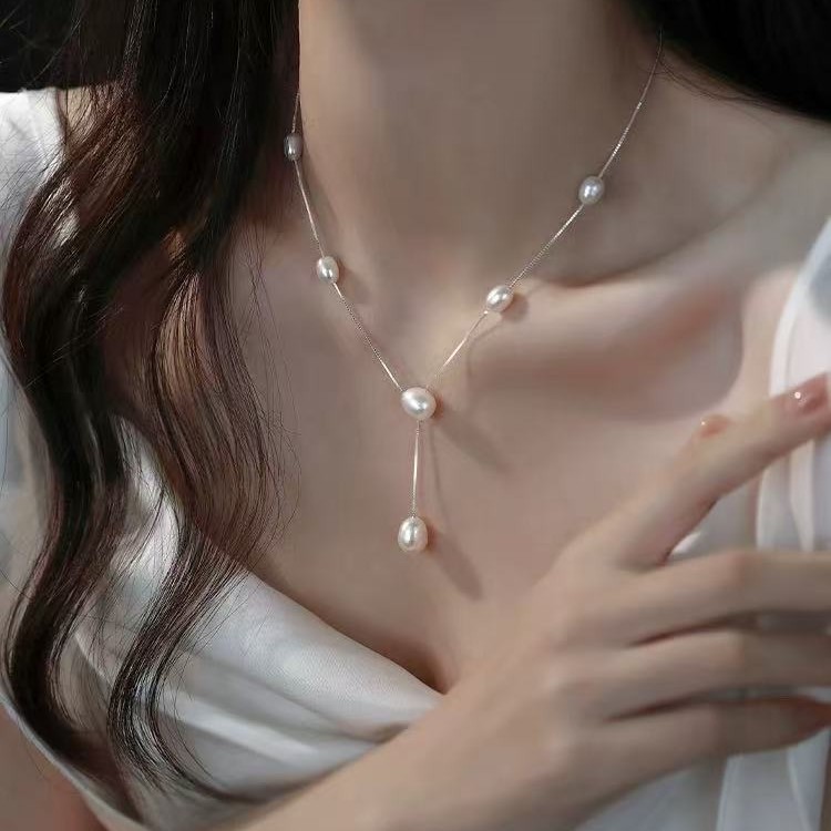Freshwater Real Pearl Necklace Size Alternating Multi-Layer Handmade Fish Line Collarbone Chain Braided Jewelry Women