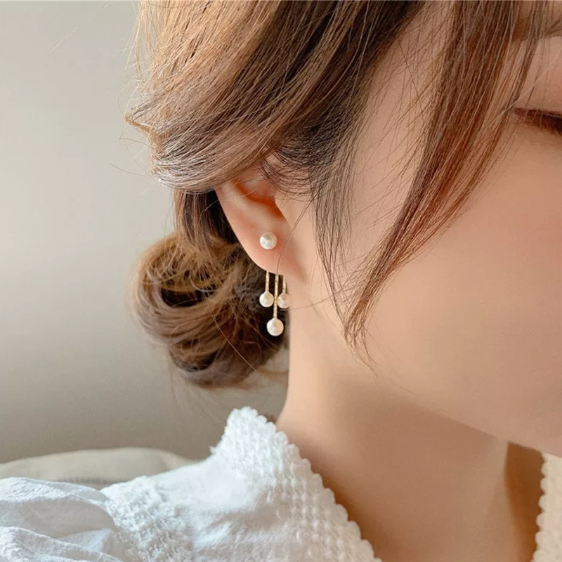 S925 silver needle long tassel earrings pearl ear drops anti-lost simple ear thread ear accessories