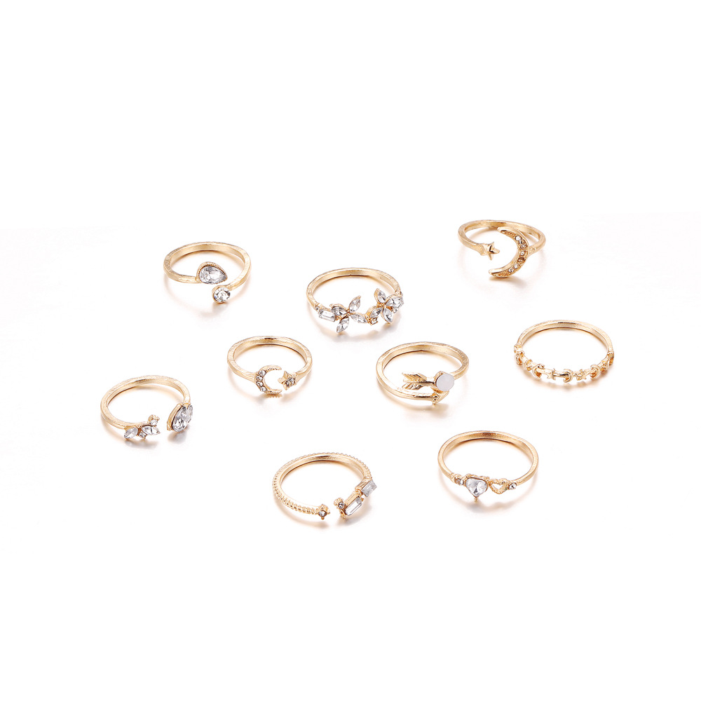 New Ring Set 9-Piece Love Butterfly Star Moon Diamond Combination Ring Set for Women