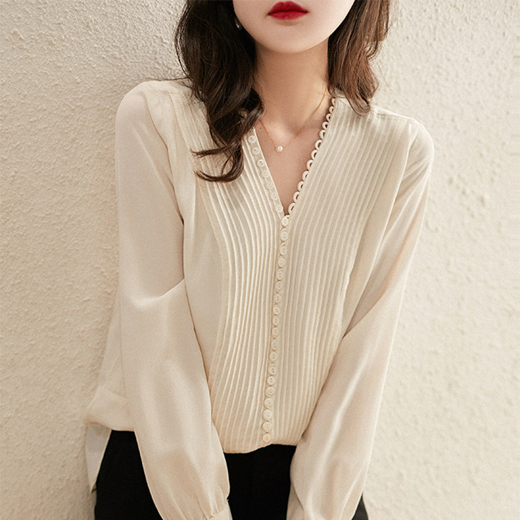 2026 Early Autumn New S328 Organ Pleats Button 18 Momme Silk Crepe de Chine White Shirt Women