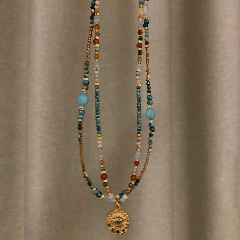 New Chinese style turquoise beaded necklace niche natural stone stacked beaded锁骨链 women