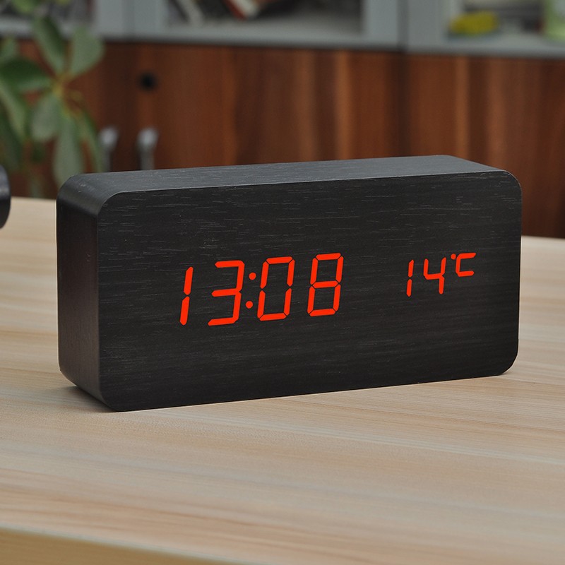 Wooden alarm clock LED student rechargeable digital display electronic voice control clock Nordic style wood