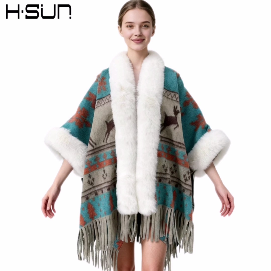 New Knit Cape Poncho Elegant Ethnic Style Fringe Wool Shawl Warm Ethnic Style
