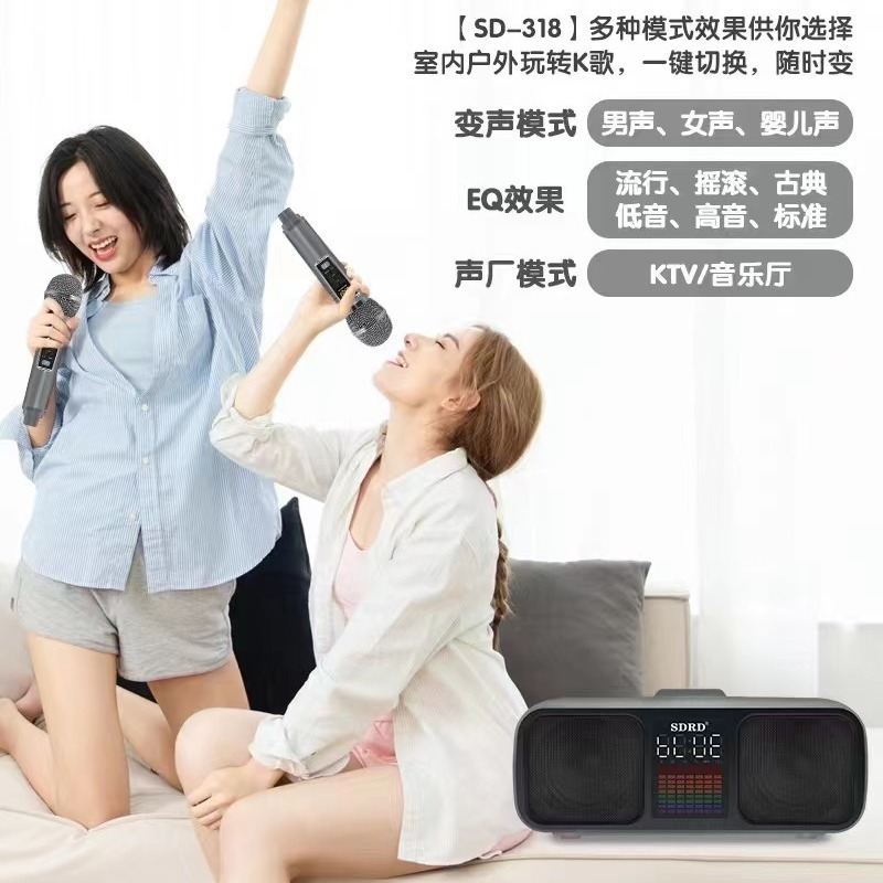 SD318 Bluetooth Speaker Dual Speaker Dual Wireless Microphone Mobile TV Entertainment Sing Karaoke All-in-One