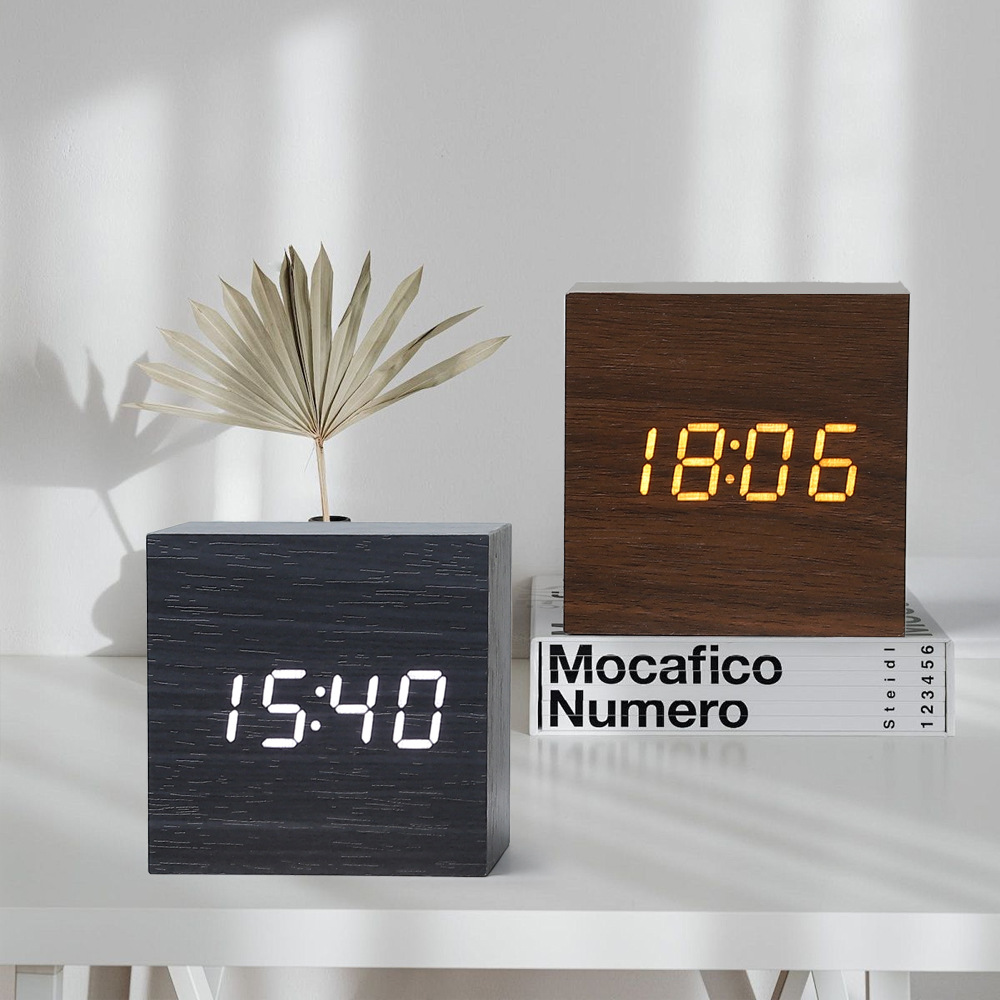 Desk Clock LED Wooden Clock Electronic Clock Mini Square Small Alarm Clock Digital Clock Thermometer Bedside Clock