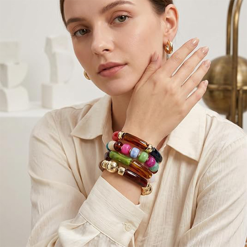 Acrylic Curved Tube Bracelet Marble Pattern Curved Bamboo Tube Elastic Bracelet Exaggerated Hand Jewelry