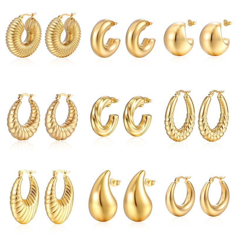Round stainless steel hollow earrings, oval for women, electroplated 18K earrings earrings