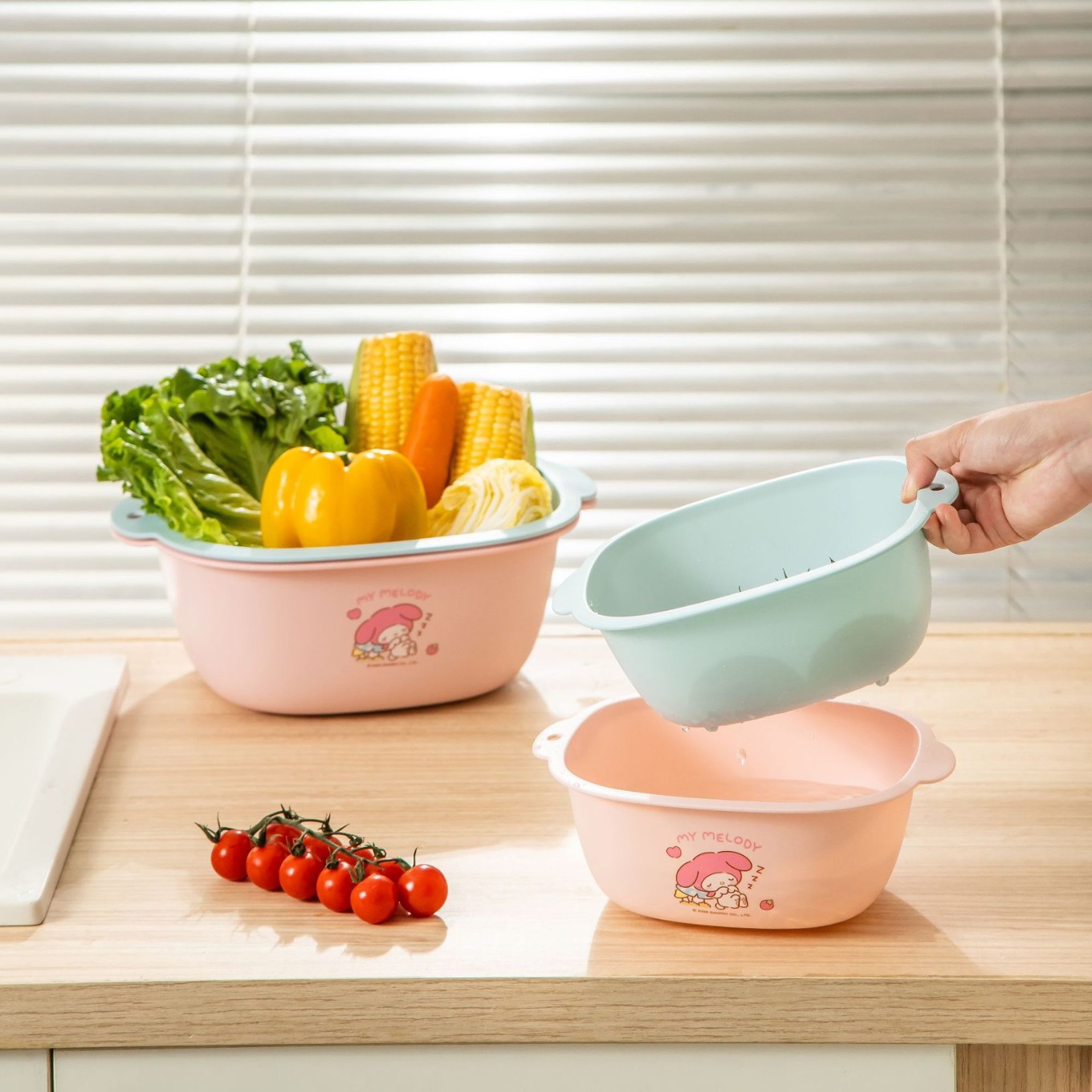 Sanrio Official Draining Basket Set Vegetable Washing Bowl Kitchen Dopamine Double-Layer Fruit Washing Basket Draining Bowl