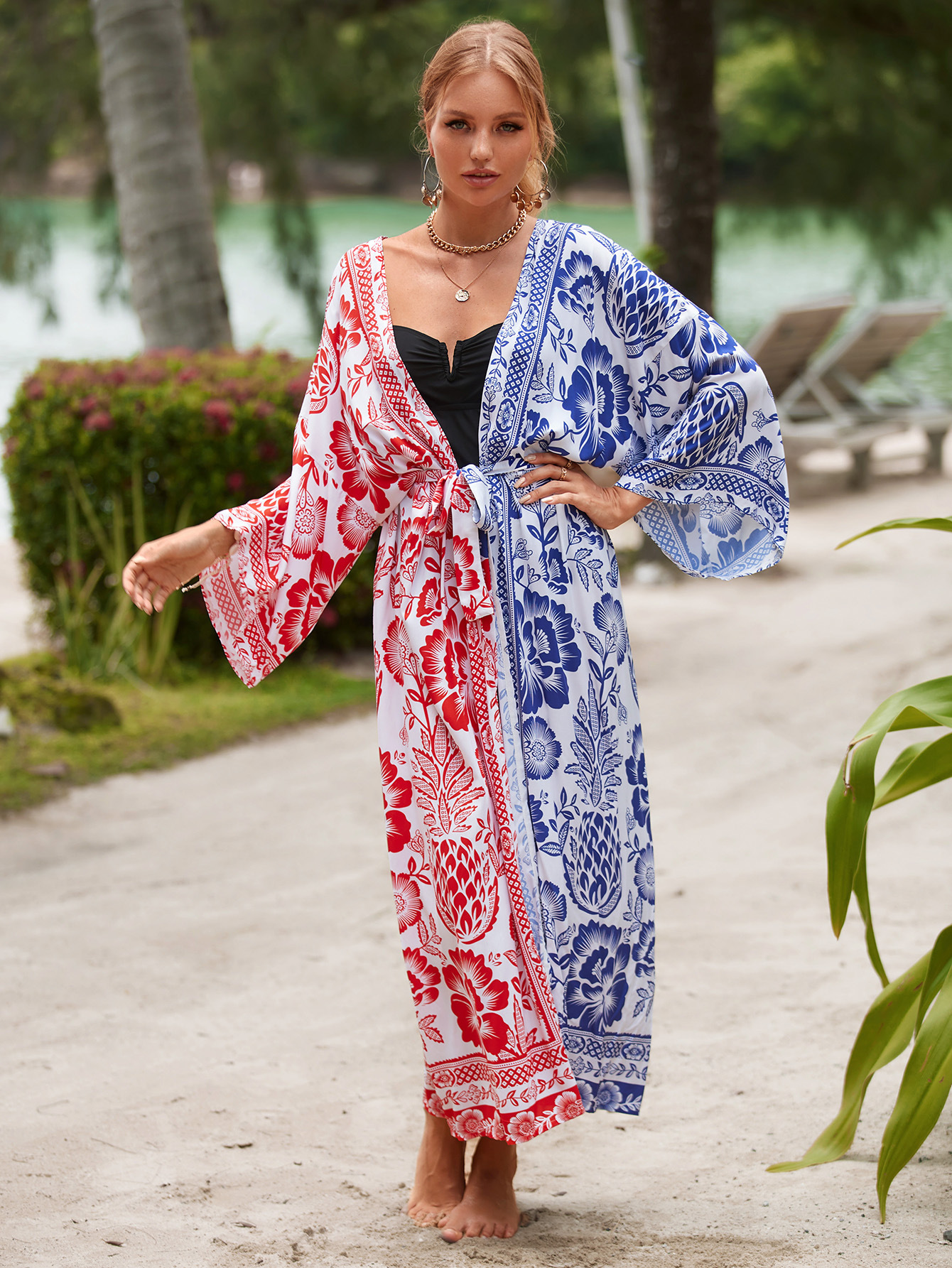 2023 New Rayon Printed Beach Jacket Sexy Sun Protection Cardigan Vacation Bikini Outer Cover Up Women