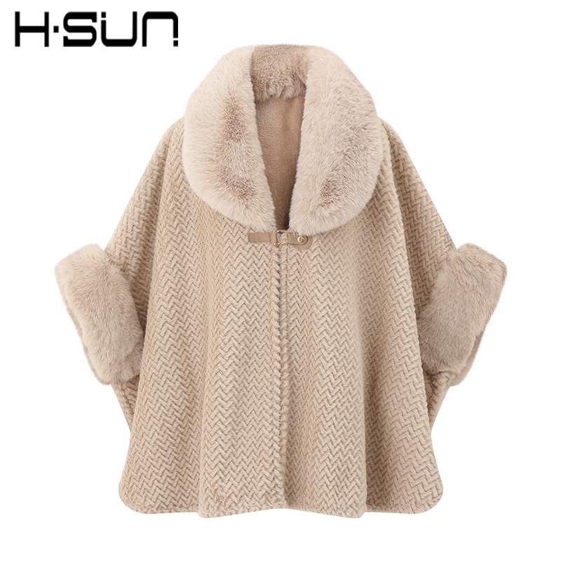 H·sun street thickened knitted plaid shawl winter warm fur collar customizable