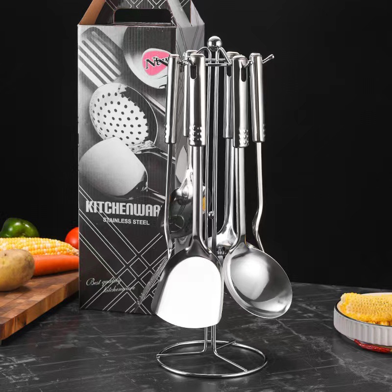 Stainless steel kitchen spoon and spatula set, kitchen restaurant wok spatula, soup spoon, strainer spoon, rice spoon, frying spatula, seven-piece cooking tool set
