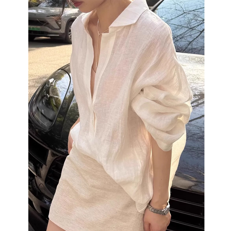 Self-Retained~ Casual White Linen Shirt Women's Summer Sun Protection Top
