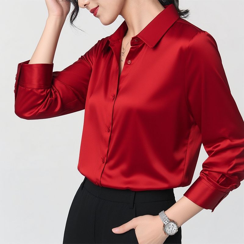 Mulberry silk long-sleeved shirt for women 2026 spring/autumn professional contrasting color commuter shirt slim fit square collar top