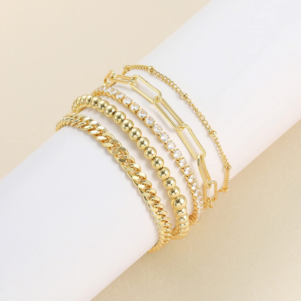 New Simple Electroplated Simple Paperclip Chain Cuban Chain Bead 5-Piece Bracelet Set Hand Jewelry