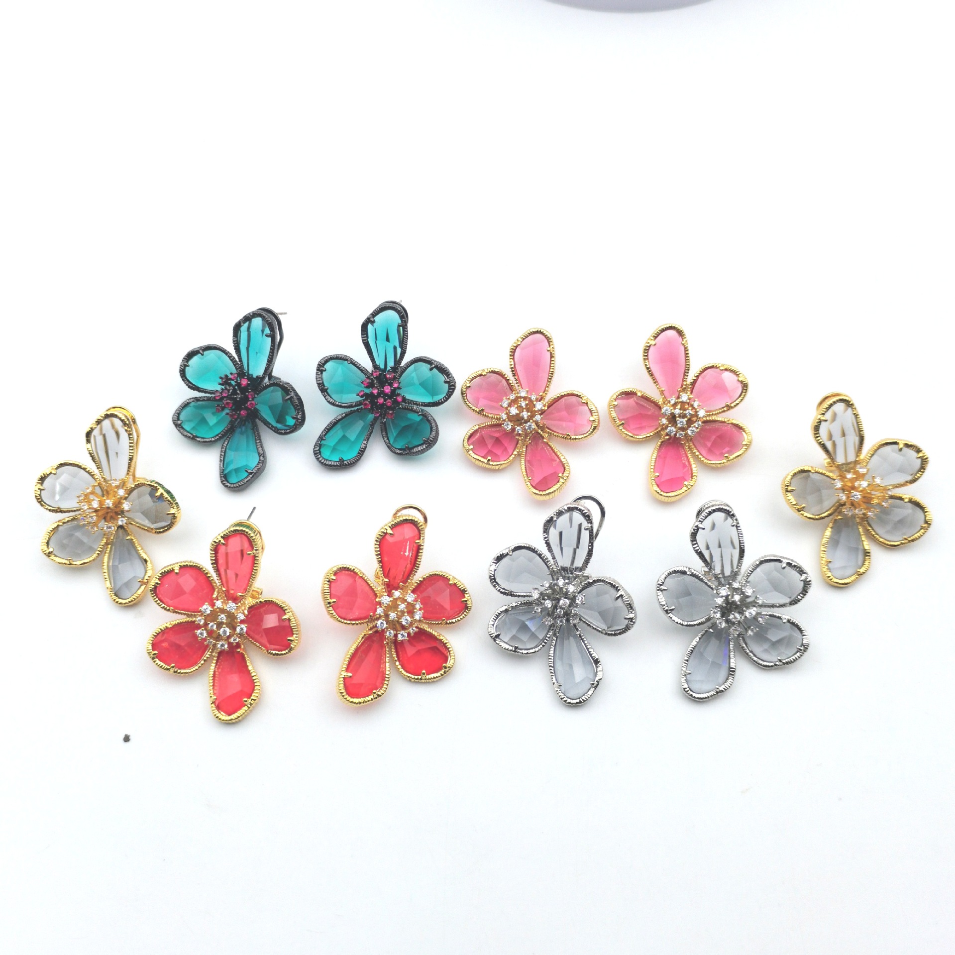 Silver needle flower zircon stud earrings new luxury ear jewelry