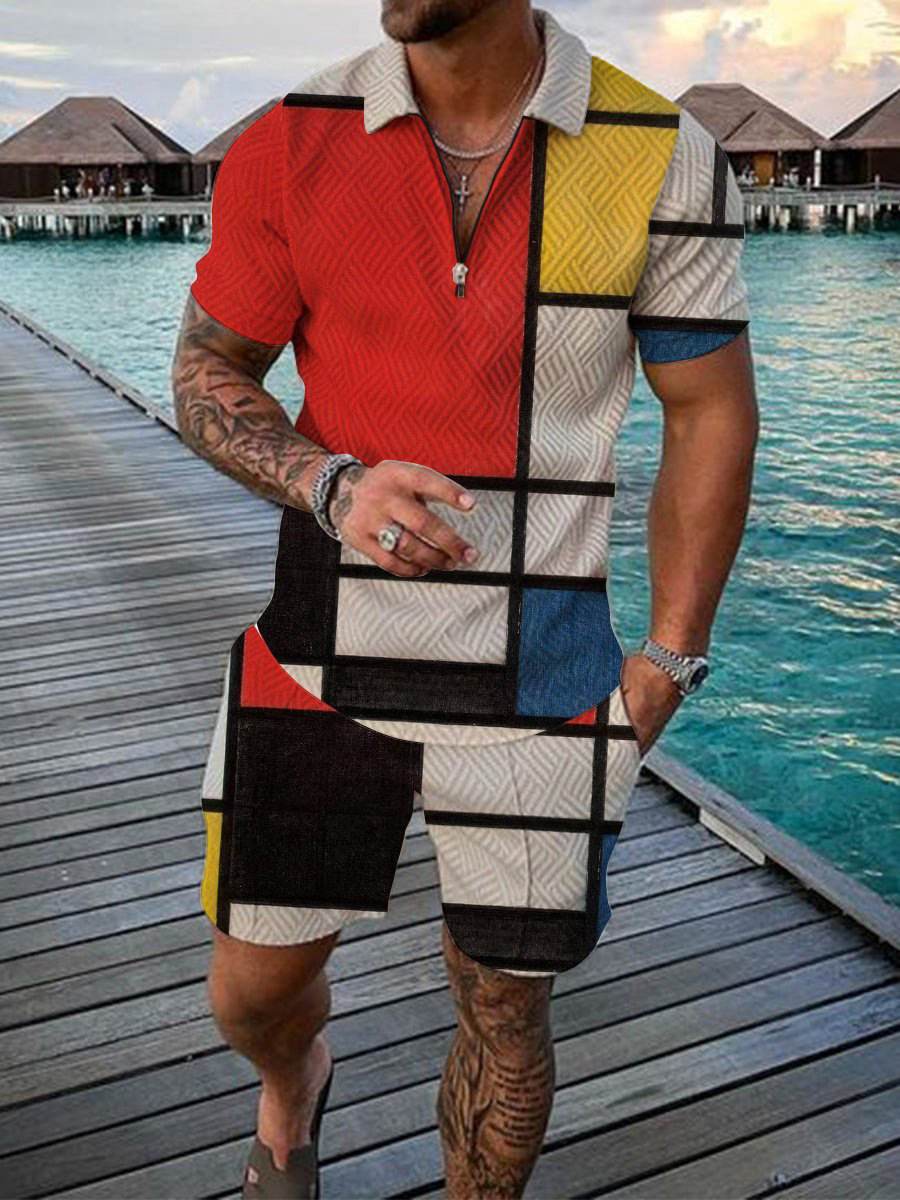 2026 New Men's Casual Sports Suit Summer Short Sleeve Polo Shirt Shorts Two Piece Set Color Block Print