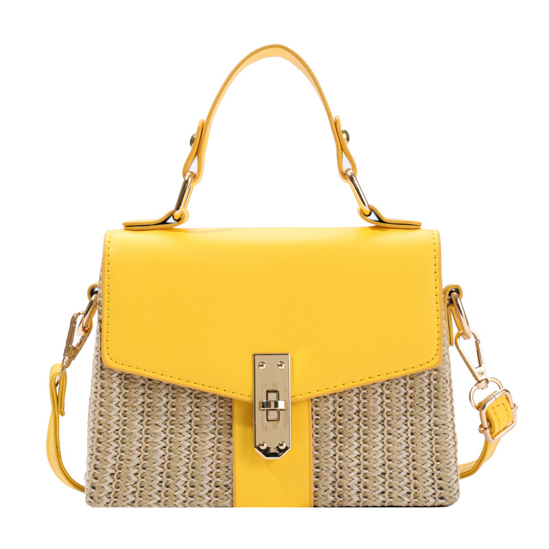 New Patchwork Flip Lid Box Straw Bag Beach Vacation Turn-Lock Woven Hard Shell Handbag Crossbody Bag for Women