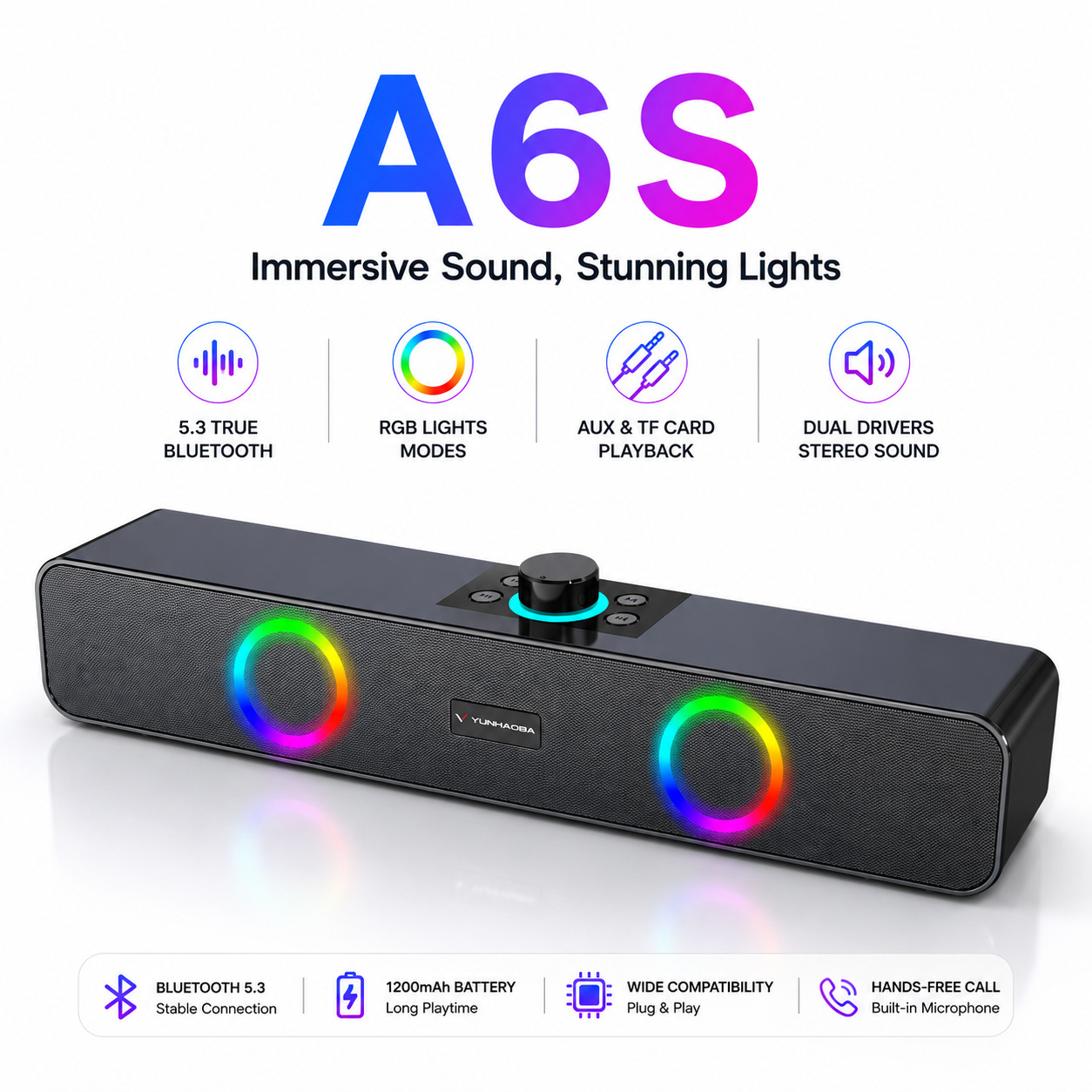 5.3 wireless Bluetooth speaker, 10W high power, plug-in card USB, long-strip stereo soundbar, direct shipping