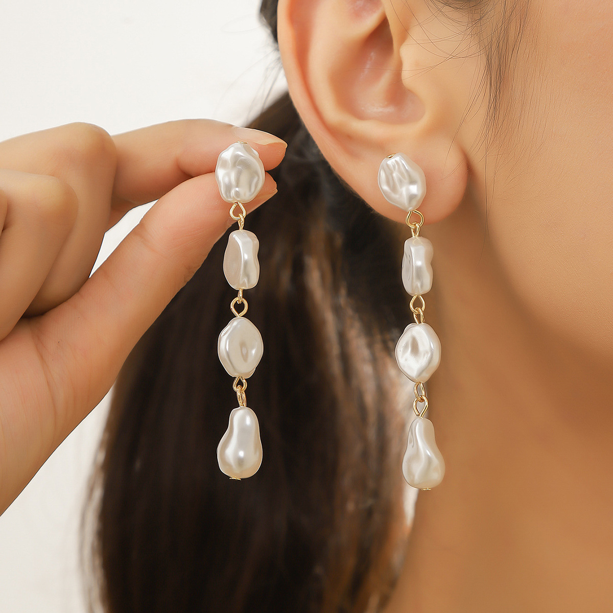 Exclusive long pearl earrings rhinestone irregular baroque pearl long earrings