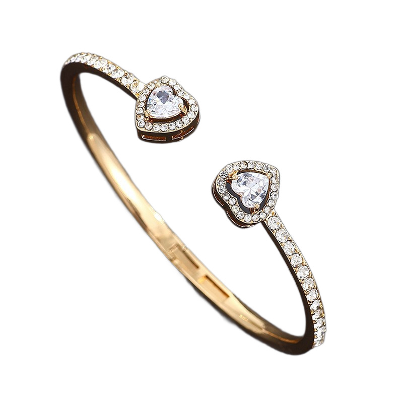 Gold-plated diamond-studded heart bangle for women open jewelry